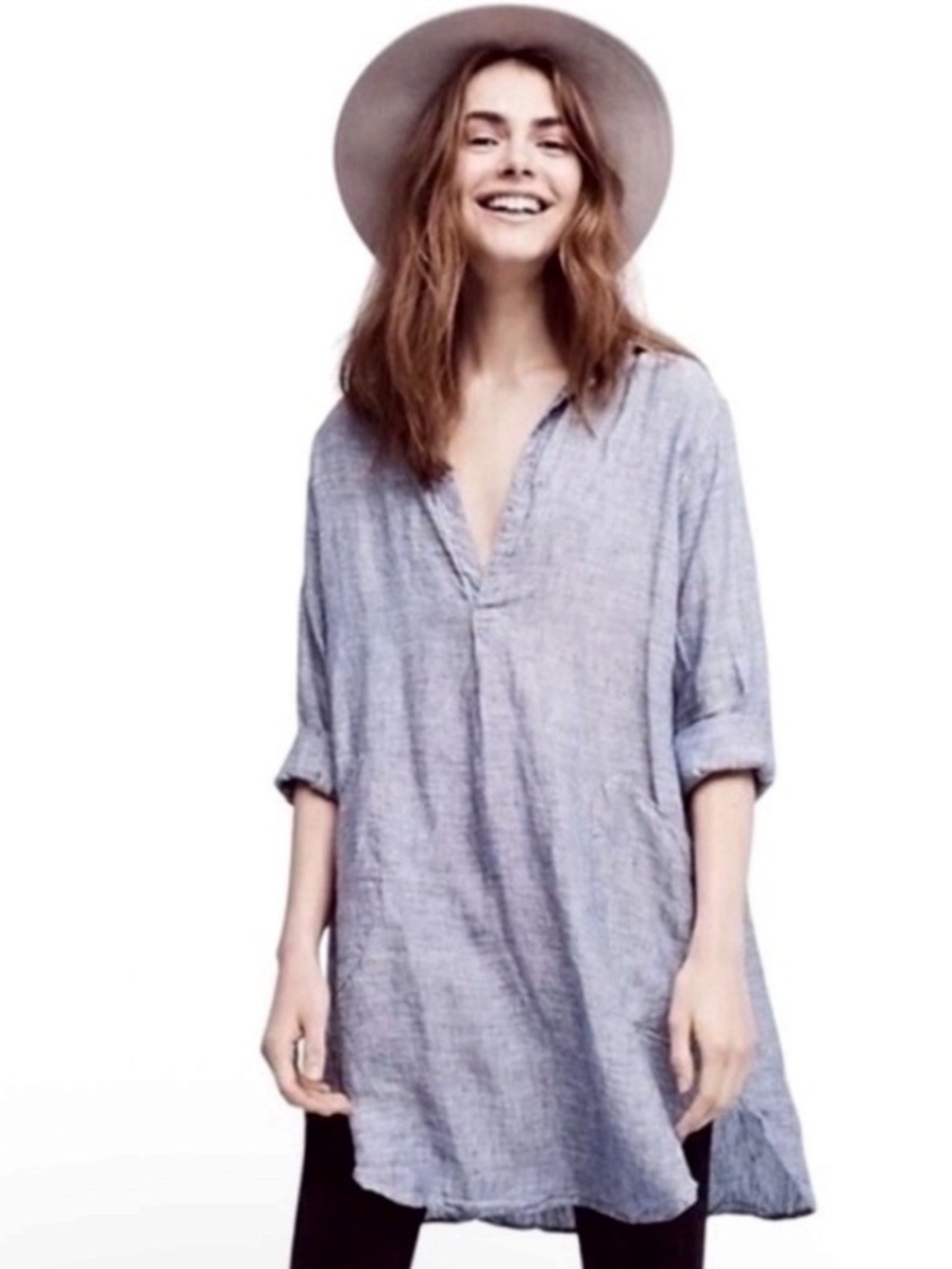 CP SHADES Teton Women’s M Blue Chambray Tunic 100% Linen Lagenlook Swim Coverup
